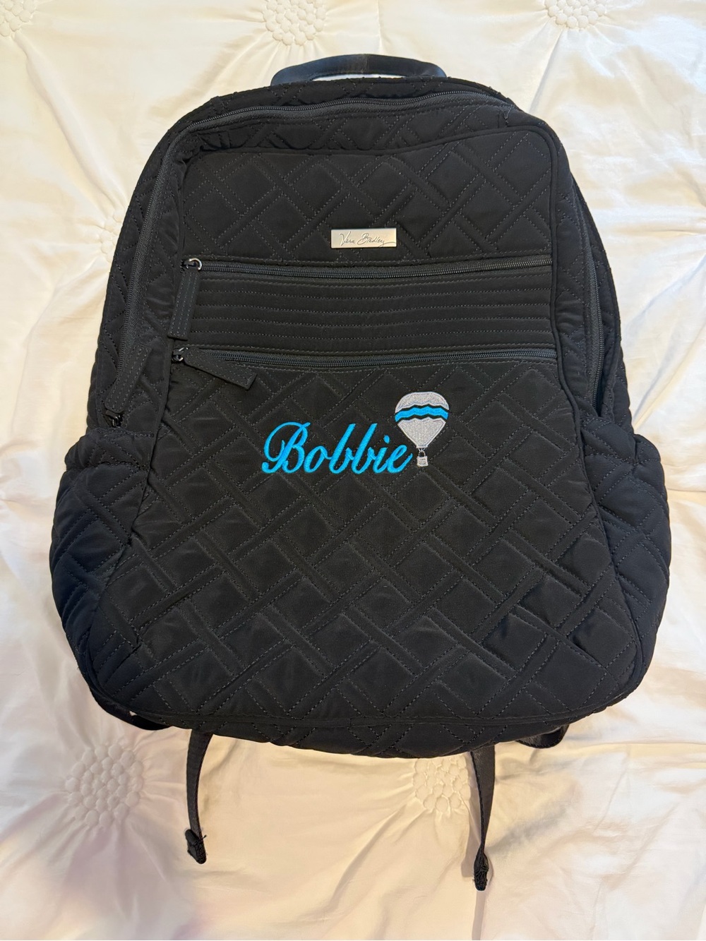 Vera Bradley Black Quilted Backpack with Blue 'Bobbie' Embroidery
